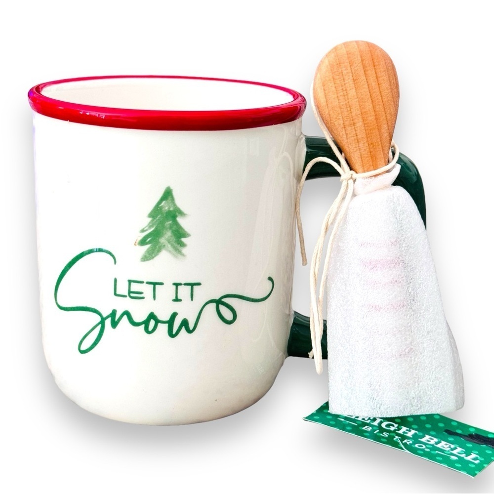 NWT SLEIGH BELL BISTRO CHRISTMAS MUG LET IT SNOW W/ CANDY CANE SPOON